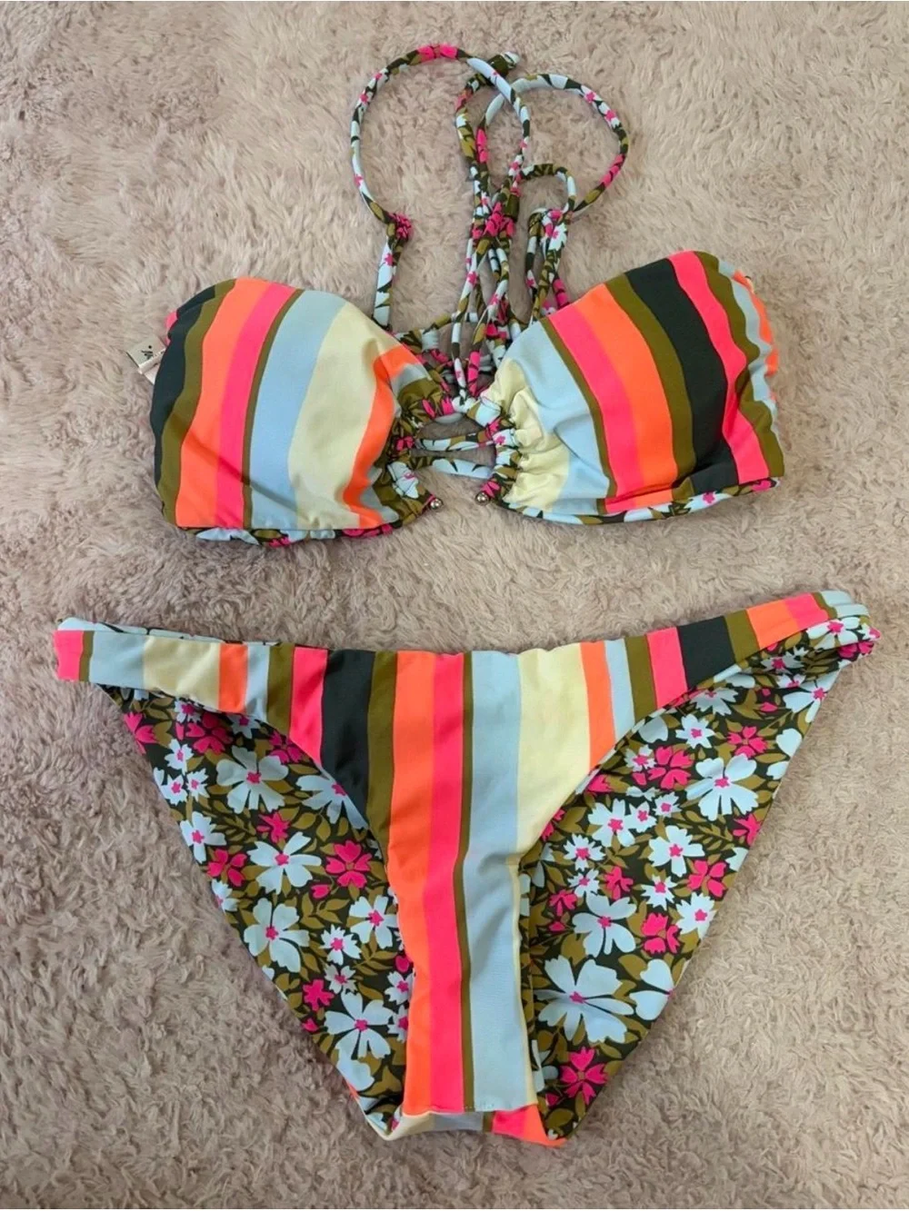 Maaji DitsyDuo Floral Stripe Halfmoon Bandeau Bikini 2 Piece Set